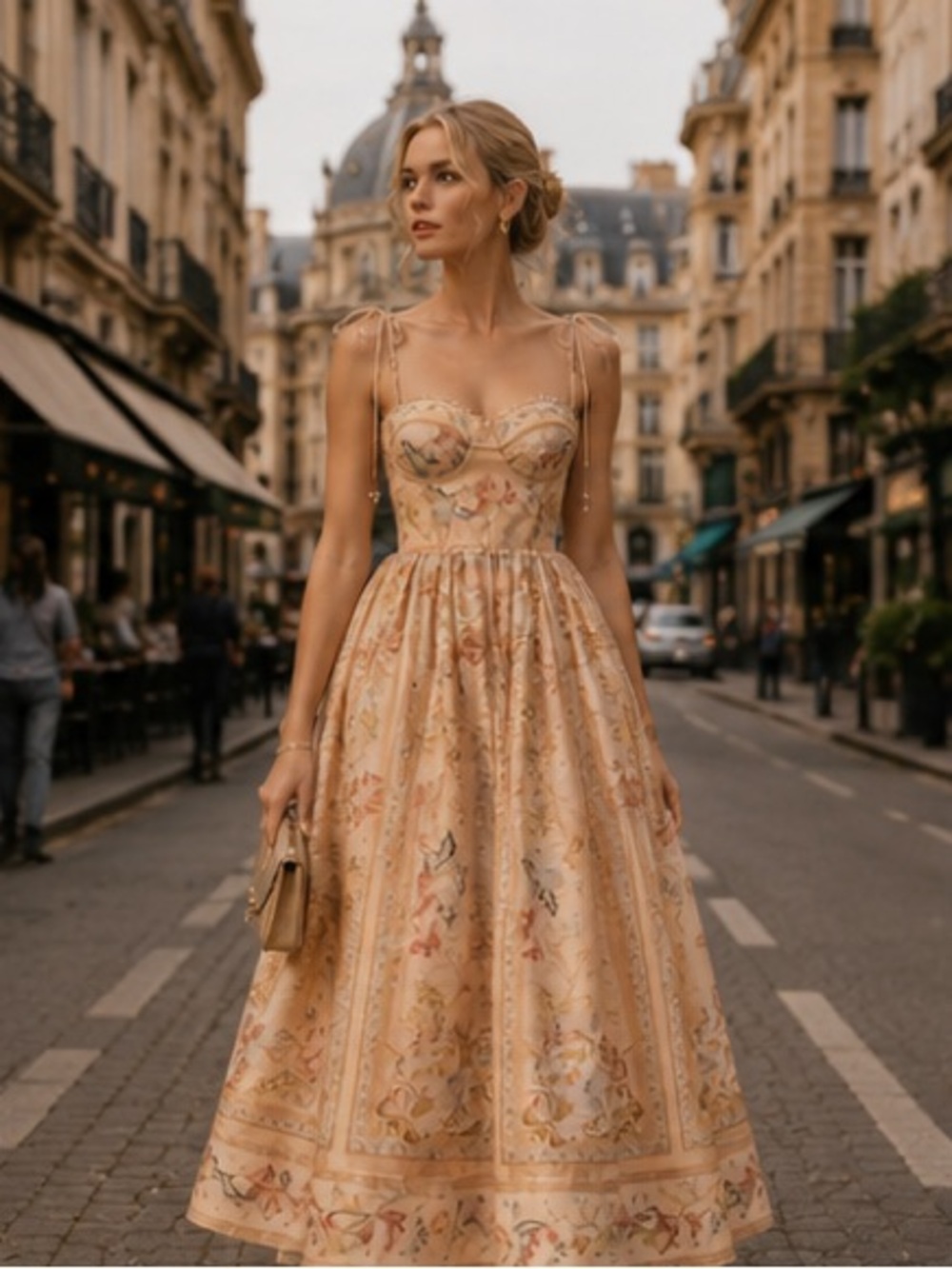 Zimmerman Elegant Peach Floral Midi Dress with Corset Bodice - Picture 2 of 11